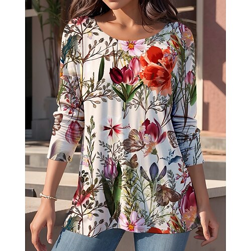 

Women's T shirt Tee Pink Red Green Floral Print Long Sleeve Holiday Weekend Basic Round Neck Regular Floral Painting S