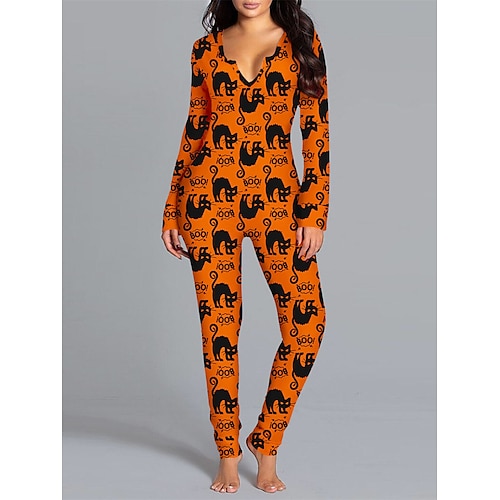 

Women's Jumpsuit Halloween Pumpkin High Waist Print Animal V Neck Active Sport Daily Regular Fit Long Sleeve Black White Yellow S M L Summer