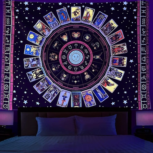 

astrologia tarô tapeçaria de luz negra uv reativo tapeçaria pendurada parede arte mural para sala de estar quarto roda do zodíaco espiritual