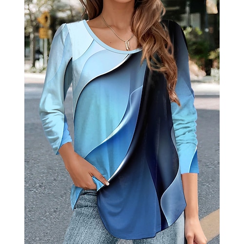 

Women's T shirt Tee Pink Blue Purple Color Block Print Long Sleeve Daily Weekend Basic Round Neck Regular Abstract Painting S