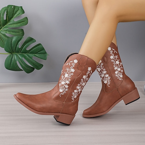 

Damen Stiefel Chelsea-Stiefel Übergrössen Arbeitsschuhe Arbeit Winter Satinblume Stickerei Plattform Blockabsatz Spitze Zehe Minimalismus Wanderschuhe PU Geflochten Hellbraun Dunkelbraun Schwarz