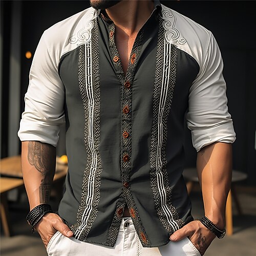 

Men's Shirt Linen Shirt Graphic Prints Geometry Turndown Black White Outdoor Street Long Sleeve Print Clothing Apparel Linen Fashion Streetwear Designer Casual