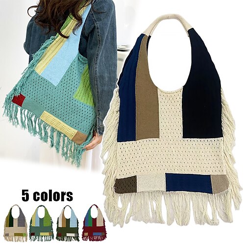 

Damen Stoffbeutel Schultertasche Strohsack Polyester Einkauf Festtage Quaste Hohe Kapazität Klappbar Leichtgewichtig Geometrisch Farbblock Patchwork Weiß Rote Blau