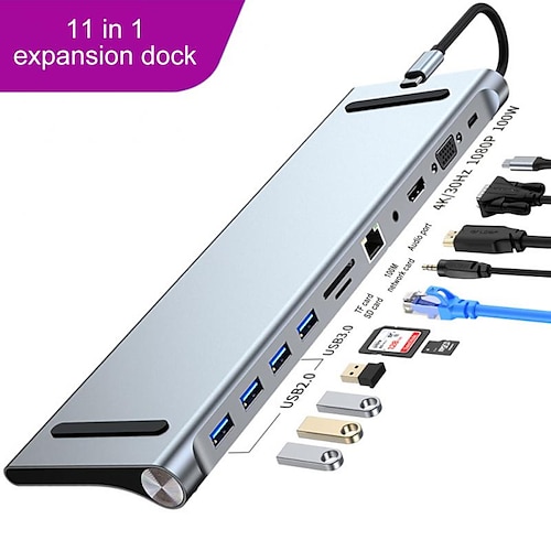 

11 in 1 Type C Dock USB Hub 3.0 Splitter Multiport Adapter 4K HDMI-compatible RJ45 SD/TF VGA PD for MacBook iPad Laptop