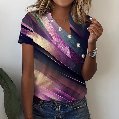 

Women's T shirt Tee Purple Graphic Button Print Short Sleeve Daily Weekend Vintage Basic V Neck Regular Abstract Painting S