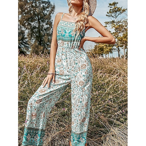 

Damen Jumpsuit Bedruckt Blumen U-Ausschnitt Strassenmode Brautkleider schlicht Strasse Täglich Regular Fit Gurt Grün S M L XL Sommer