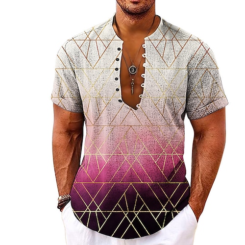 

Homens Camisa Social camisa de linho Gradiente Estampas Abstratas Geometria Sem Colarinho Fúcsia Verde Ao ar livre Rua Manga Curta Imprimir Roupa Linho Moda Roupa de rua Designer Casual