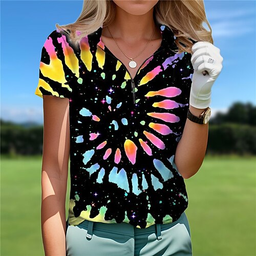 

Mulheres Camisa polo de caminhada Camisa de golfe Respirável Secagem Rápida Pavio Humido Manga Curta Vestuário de golfe Roupas de golfe Normal Zíper Tintura Tie Dye Verão Tênis Golfe Pickleball