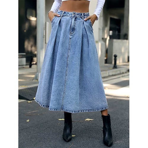

Damen Rock A-Linie Denim-Midirock Midi Denim Blau Röcke Sommer Tasche Modisch Brautkleider schlicht Strasse Täglich XS S M