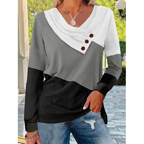 

Women's T shirt Tee Gray Color Block Button Print Long Sleeve Daily Weekend Basic V Neck Regular Painting S