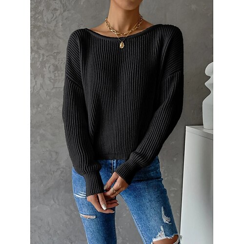 

Mujer Suéter de punto Puente Estriado Tejer Espalda Abierta Hombro frío Color sólido Hombros Caídos Elegante Casual Exterior Diario Otoño Invierno Negro Blanco S M L