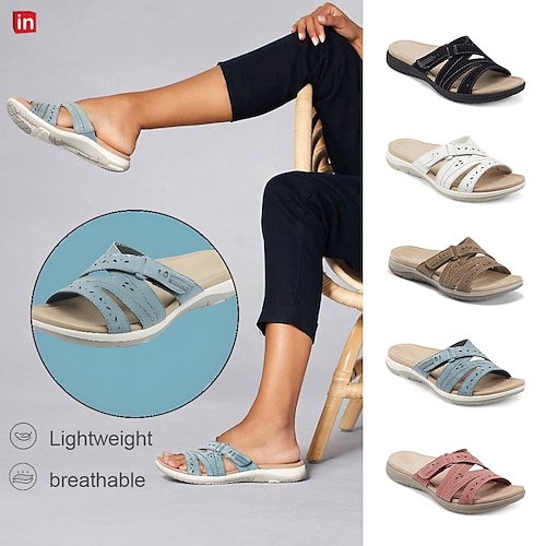 

Mujer Sandalias Zapatillas Playa de Boho Bohemia Sandalias planas Zapatillas al aire libre Diario Playa Tacón Cuña Clásico Casual PU Color sólido Negro Blanco Rosa