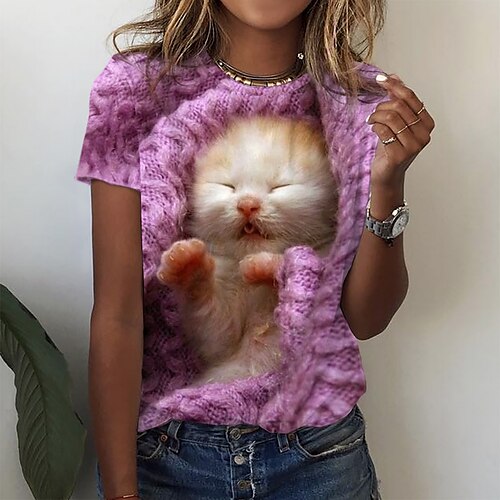 

Mulheres Camiseta Rosa Rosa cor de Rosa Gato 3D Imprimir Manga Curta Diário Final de semana Básico Decote Redondo Padrão Gato 3D Pintura S