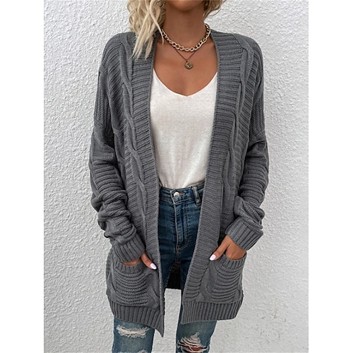 

Women's Cardigan Sweater Jumper Cable Knit Tunic Pocket Solid Color Open Front Stylish Casual Outdoor Daily Summer Fall Black Wine S M L