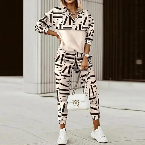 

Women's Sweatshirt Pants Sets Joggers Pants Trousers Streetwear Khaki Casual Daily Graphic Print V Neck S M L XL 2XL