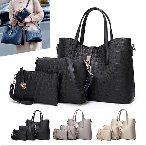 

Women's Bag Set PU Leather 3 Pieces Office Daily Adjustable Large Capacity Waterproof Crocodile Black Gold Grey