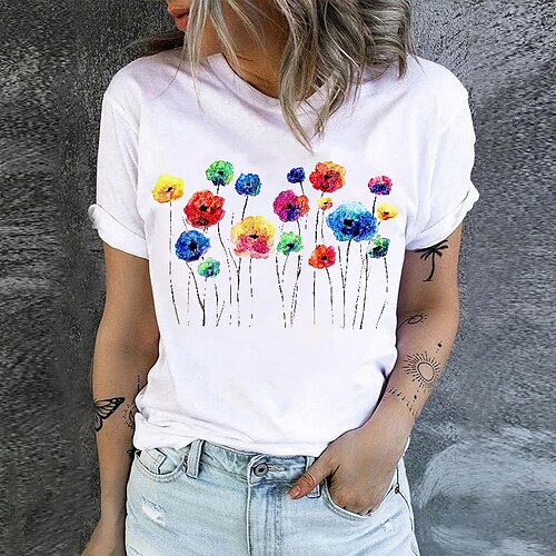 

Damen T Shirt Schwarz Weiß Rosa Blumen Bedruckt Kurzarm Festtage Wochenende Basic Rundhalsausschnitt Standard Blume Farbe S