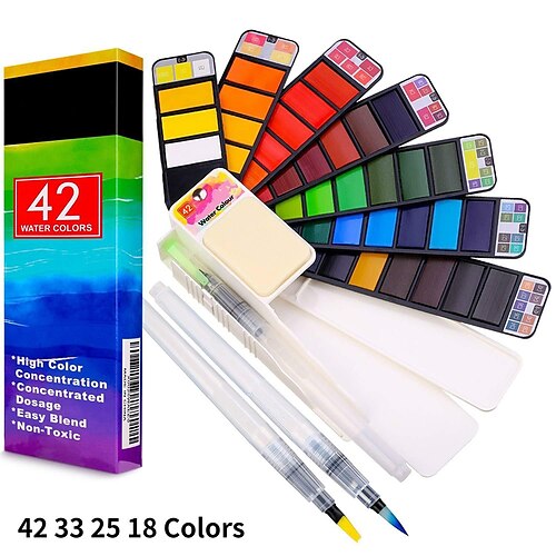 

conjunto de tinta aquarela, 42 33 25 18 cores, com pincéis e paleta, dobrável, para pintura ao ar livre, desenho, esboço, bolsa de viagem kit portátil de pintura em aquarela