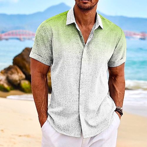 

Hombre Camisa camisa de lino Degradado Estampados Cuello Vuelto Azul Piscina Verde Trébol Exterior Calle Mangas cortas Estampado Ropa Lino Moda Design Casual Suave