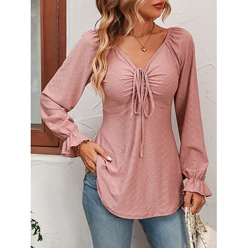 

Camisa Social Blusa Mulheres Preto Branco Rosa Cor Sólida / Simples Cordões Diário Moda Decote V Normal S