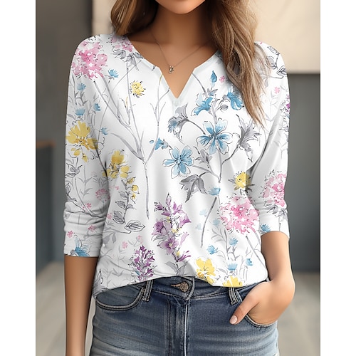 

T shirt Tee Femme Blanche Jaune Rose Claire Floral Bouton Imprimer manche longue Vacances Fin de semaine basique Col V Normal Standard Fleur Peinture S