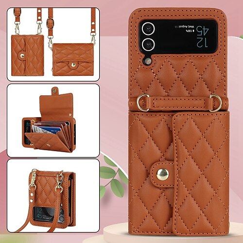 

telefone Capinha Para Samsung Galaxy Z Flip 5 Z Flip 4 Z Flip 3 Bolsa Bolsa Capa para Cartão Wallet com alça transversal removível Slots de suporte de cartão Côr Sólida PC Couro PU