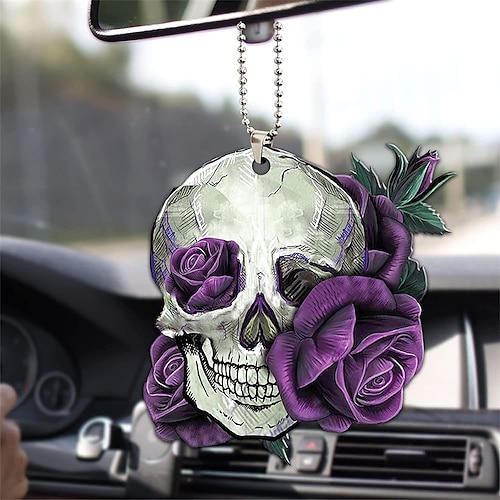 

1 Stück Auto-Rückspiegel-Hängezubehör, Totenkopf und Rose, flaches Auto-Ornament, Auto-Innenraum-Anhänger, Halloween-Dekoration