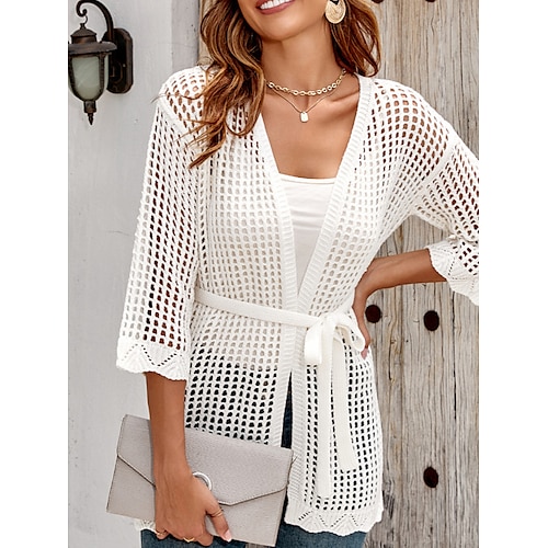 

Women's Cardigan Sweater Jumper Ribbed Knit Hollow Out Solid Color Cowl Stylish Casual Daily Holiday Summer Spring White S M L