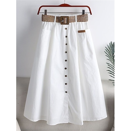 

Women's Skirt Long Skirt Midi Cotton Navy Black White Blue Skirts Summer Ruched Pocket Belt Included Fashion Casual Street Daily M L XL