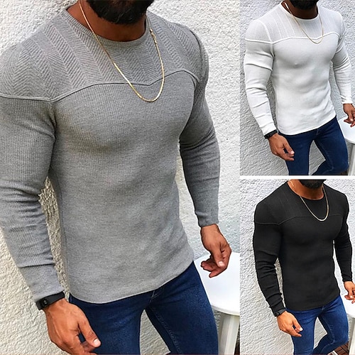 

Men's Pullover Sweater Jumper Ribbed Knit Regular Knitted Solid Color Crew Neck Modern Contemporary Work Daily Wear Clothing Apparel Winter Black White S M L