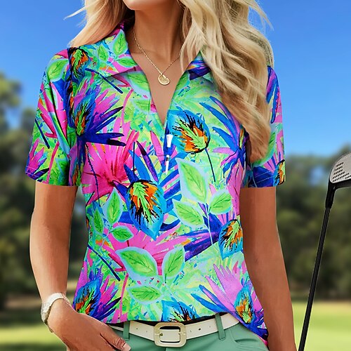 

Damen poloshirt Golfhemd Atmungsaktiv Schnelltrocknend Feuchtigkeitsableitung Kurzarm Golfbekleidung Golfkleidung Regular Fit V-Ausschnitt Blumen Sommer Tennis Golfspiel Pickleball