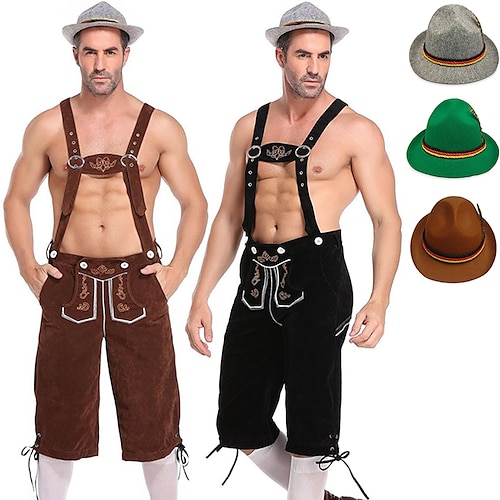 

Carnival Oktoberfest Beer Costume Lederhosen Tyrolean Hat Bavarian German Munich Wiesn Men's Traditional Style Cloth Shorts
