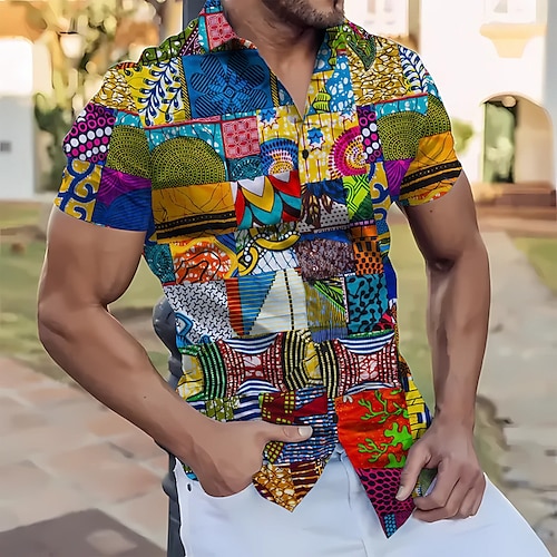 

Homens Camisa Social Bloco de cor Estampas Abstratas Geometria Aberto para a Lateral Amarelo Verde Ao ar livre Rua Manga Curta Imprimir Roupa Moda Roupa de rua Designer Casual