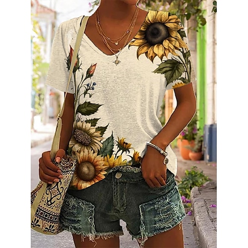 

Women's T shirt Tee Black White Yellow Sunflower Print Long Sleeve Holiday Weekend Basic V Neck Regular Regular Fit Floral Painting