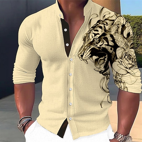  Men's Animal Tiger Shirt Button Up Shirt Long Sleeve Fashion Streetwear Designer Outdoor Casual Daily Summer Spring Fall Stand Collar Print White Pink Blue Green Khaki