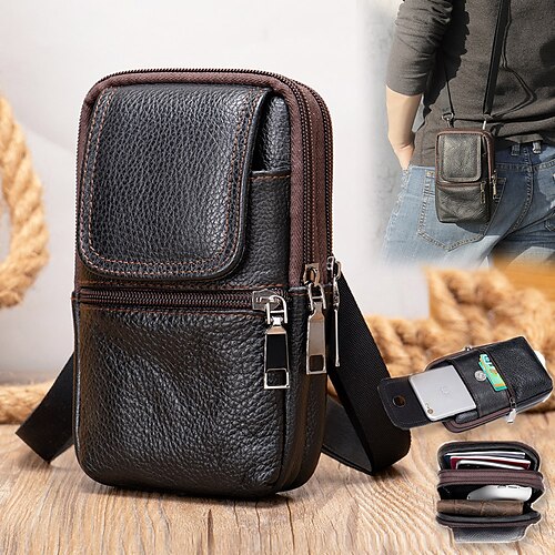 

Men's Crossbody Bag Shoulder Bag Fanny Pack Mobile Phone Bag Nappa Leather Cowhide Shopping Daily Zipper Solid Color Black Coffee