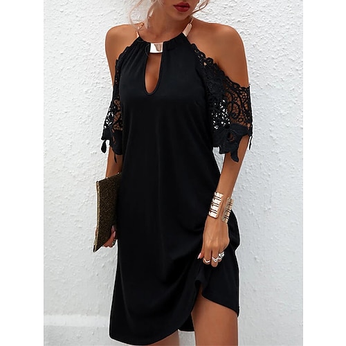 

Women's Casual Dress Summer Dress Plain Dress Mini Dress Hollow Out Cold Shoulder Daily Date Going out Active Fashion Halter Neck Half Sleeve 2023 Loose Fit Black Red Green Color S M L XL XXL Size