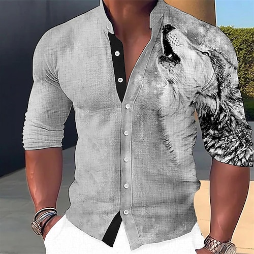  Men's Animal Wolf Shirt Button Up Shirt Long Sleeve Fashion Streetwear Designer Outdoor Casual Daily Summer Spring Fall Stand Collar Print Blue Purple Green Khaki Gray