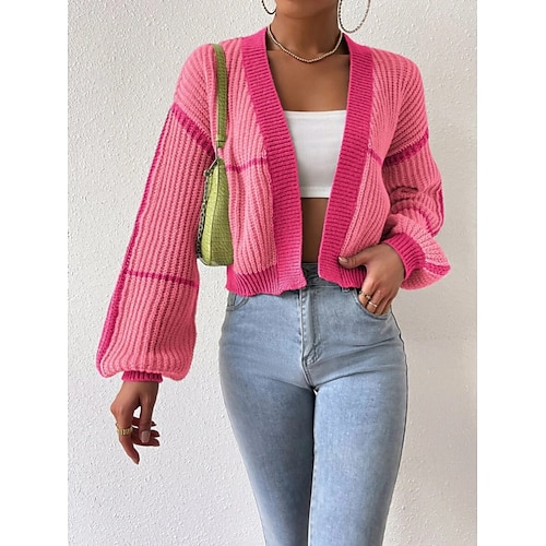 

Women's Cardigan Sweater Jumper Ribbed Knit Patchwork Color Block V Neck Stylish Casual Outdoor Daily Fall Winter Black Pink S M L