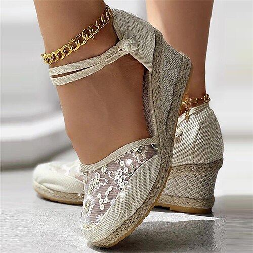 

Women's Sandals Wedge Heels Platform Sandals Outdoor Beach Lace Wedge Heel Round Toe Elegant Satin Buckle Black Beige