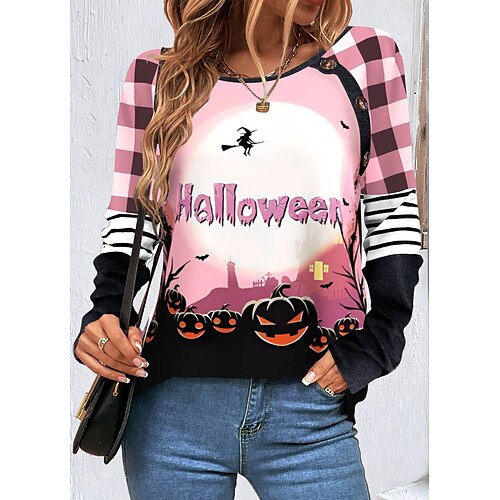 

Femme T shirt Tee chemise d'Halloween Rose Claire Plaid Potiron Imprimer manche longue Halloween Fin de semaine basique Col Rond Standard Peinture