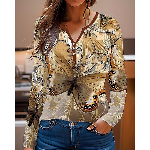 

Mujer Camiseta Amarillo Floral Botón Estampado Manga Larga Festivos Fin de semana Básico Escote en Pico Flor Pintura