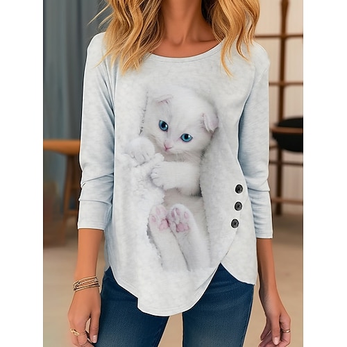 

Femme T shirt Tee Noir Blanche Bleu Chat 3D Imprimer manche longue du quotidien Fin de semaine basique Col Rond Chat 3D Peinture