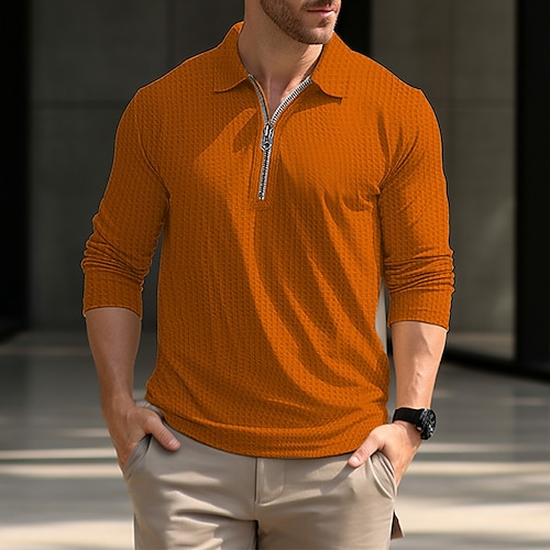 

Homme Polo gaufré POLO Travail Usage quotidien Revers manche longue Mode Confortable Plein Fermez Printemps Automne Standard Noir bleu marine Orange Beige Polo gaufré