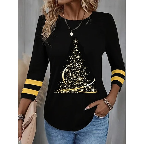 

Women's T shirt Tee Christmas Shirt Black Christmas Tree Print Long Sleeve Christmas Weekend Basic Round Neck Regular Fit Painting Spring Fall