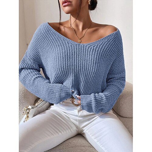 

Damen Pullover Strickwaren Gerippt Stricken überdimensional Feste Farbe V Ausschnitt Stilvoll Brautkleider schlicht Outdoor Täglich Sommer Herbst Schwarz Leicht Blau S