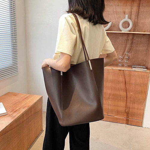 

Women's Shoulder Bag PU Leather Daily Large Capacity Waterproof Anti-Dust Solid Color Black Brown Khaki