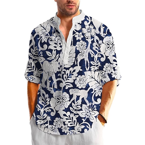 

Hombre Camisa camisa de lino Floral Estampados Escote Chino Azul Marino Verde Trébol Exterior Calle Manga Larga Estampado Ropa Lino Moda Ropa de calle Design Casual