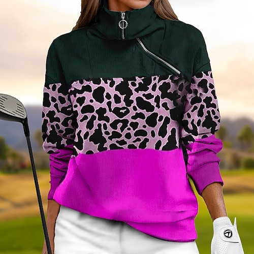 

Mulheres moletom de golfe pulôver de golfe camisola de golfe Térmico / Quente Respirável Pavio Humido Manga Longa Casacos de golfe Blusas Normal 1/4 Zip Colarinho Alto Leopardo Maillard Primavera