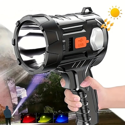 

Wiederaufladbarer Scheinwerfer, superhelle LED-Taschenlampe, Handscheinwerfer, langlebig, große Taschenlampe, Suchscheinwerfer, Outdoor-Flutlicht, Camping-Laterne mit 3-Farben-Filter